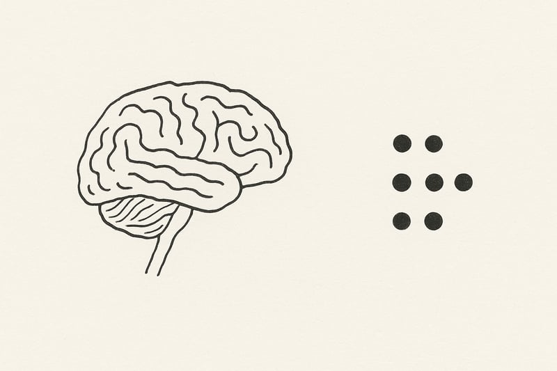 Hand‑drawn brain facing a neat cluster of seven dots arranged into three groups, hinting that chunking tames choice overload and clarifies decisions.